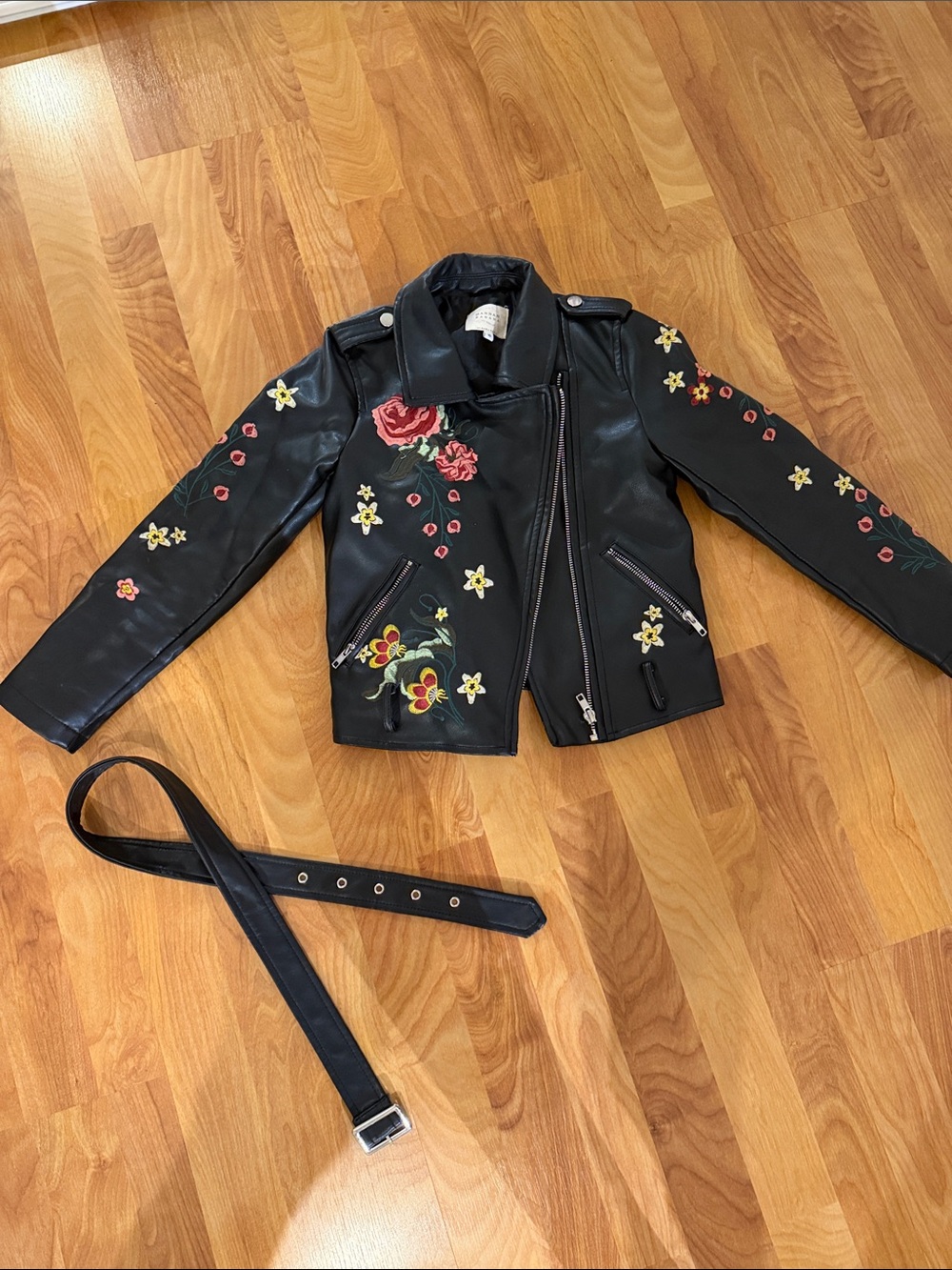 Hannah Banana Black Floral Embroidered leather Jacket